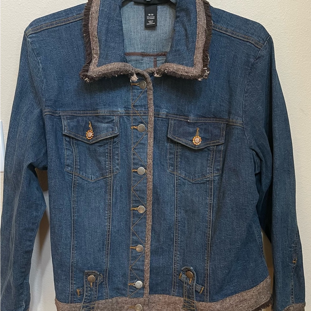 Blue Denim Jacket with Amber Rhinestone buttons and Brown Tweed Accents